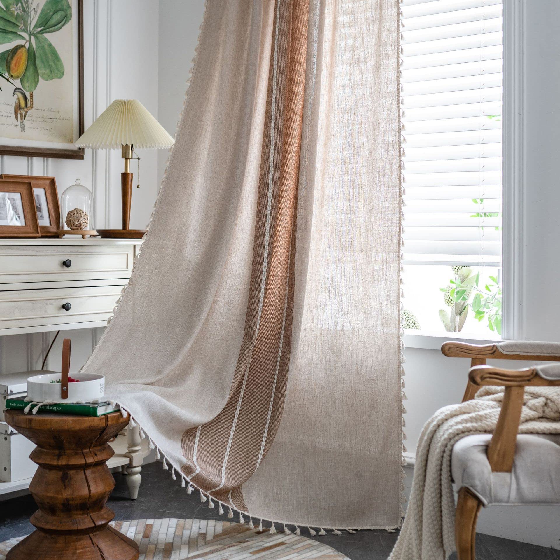 Plancholo Boho Cotton Linen Curtain with Tassels 1 Panel 71 Inch Long Semi Blackout Farmhouse Striped Embroidered Drape Rod Pocket Window Treatment for Bedroom Living Room (52" W x 71" L, Coffee)
