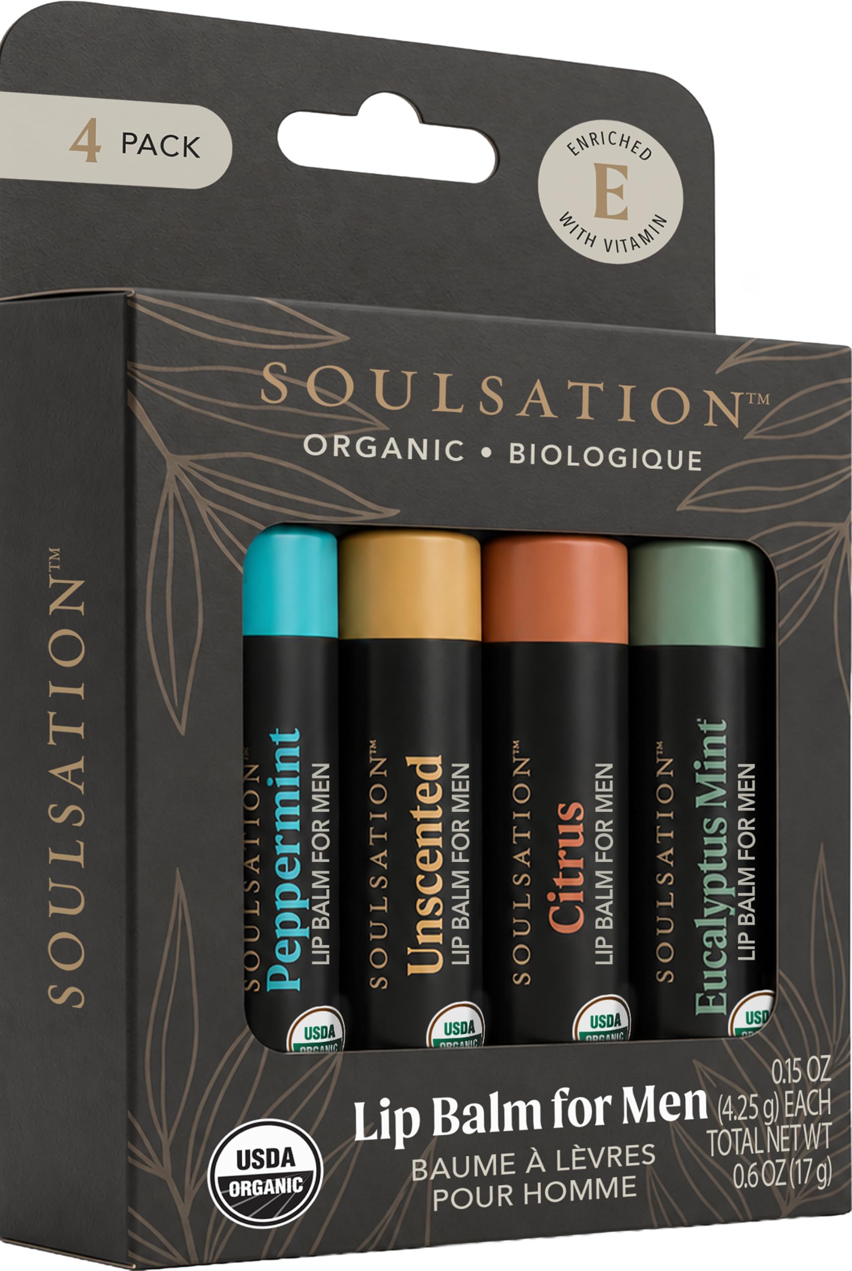 SOULSATION - Lippenbalsam für Männer: 4 Geschmacksrichtungen: Eukalyptusminze, Pfefferminze, Zitrusfrüchte und ohne Duft