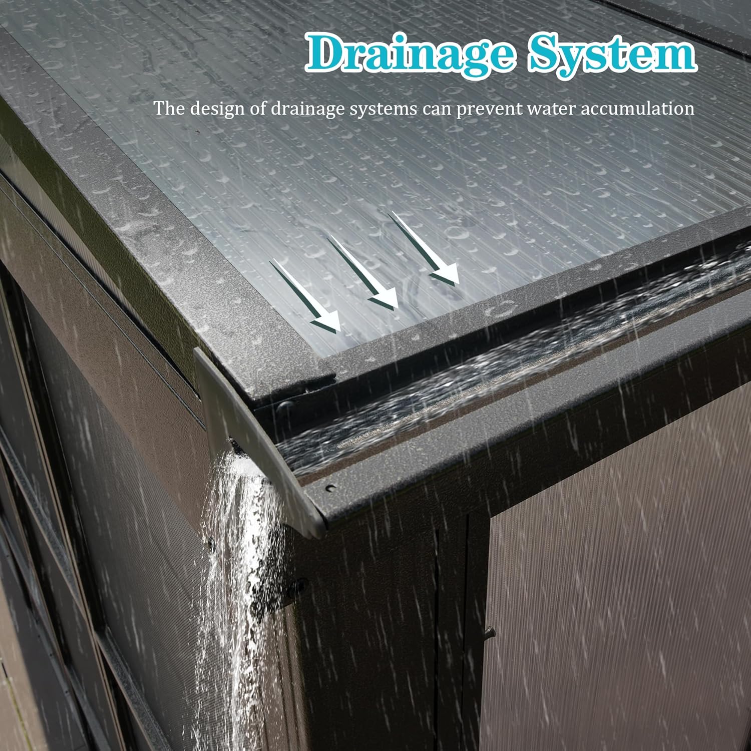 Close-up of the sunroom's sloped roof and drainage system, showing water flowing away from the structure.