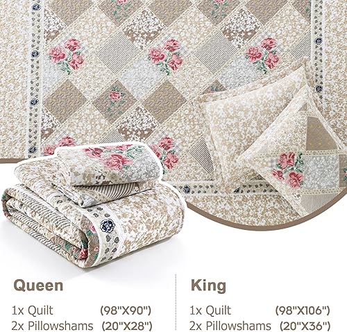 Miniatura 6 de Finlonte Juego de colchas de tamaño Queen, diseño floral de retazos reales, marrón, rojo, gris, a cuadros, 100% algodón, reversible, ligero, suave,