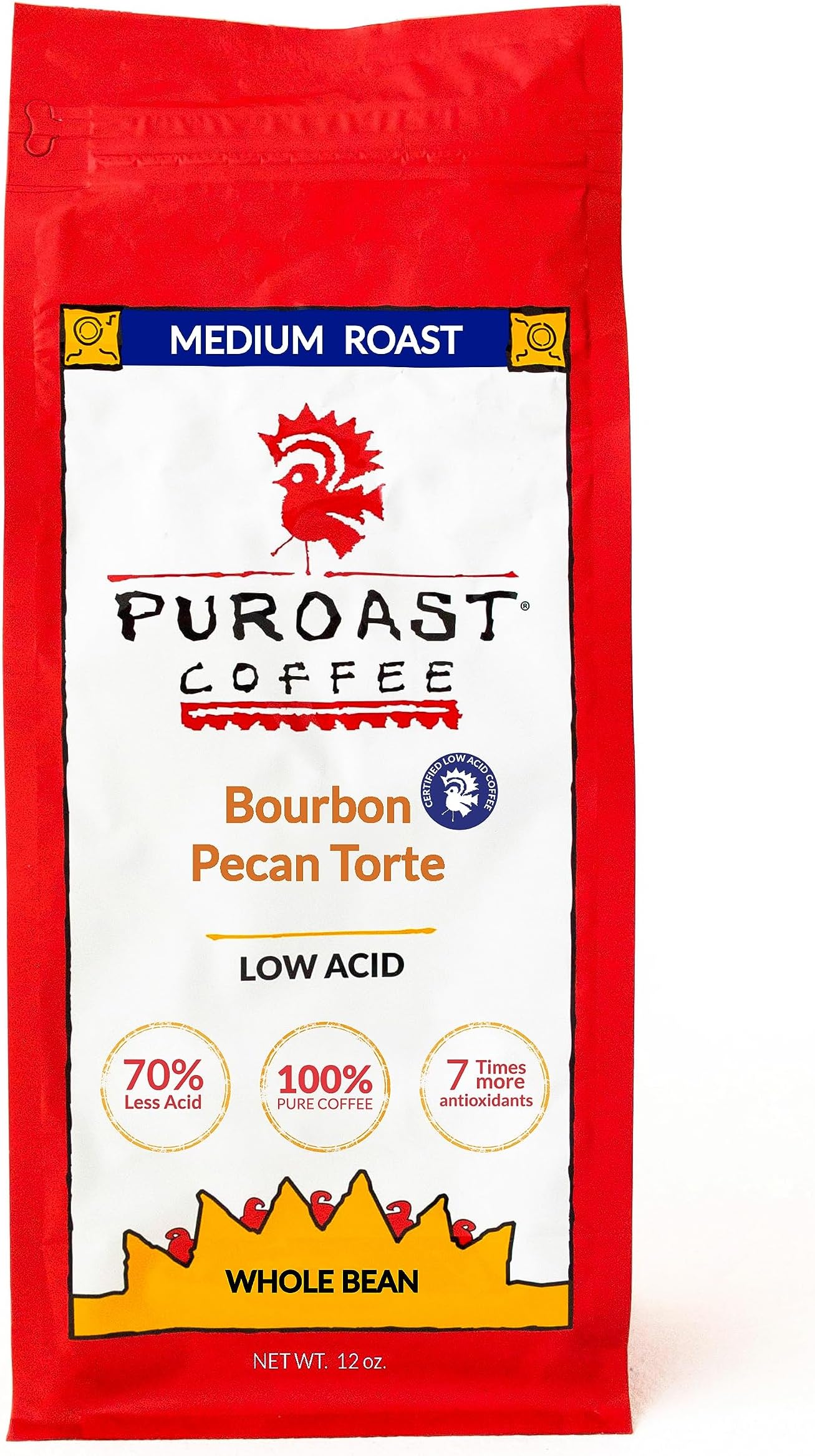 Puroast Low Acid Coffee, Bourbon Pecan Whole Bean, Medium Roast, High Antioxidants & High pH, No Bitter Aftertaste, Reduced Heartburn & GERD Friendly, Specialty Coffee, Great for Cold Brew - 12 oz