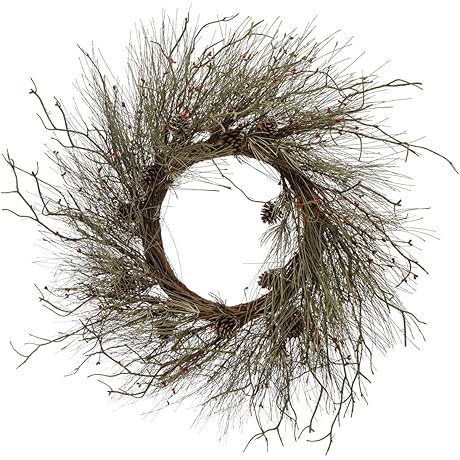 Round Faux Long Needle Pine Wreath with Twigs and Red Rice Berries