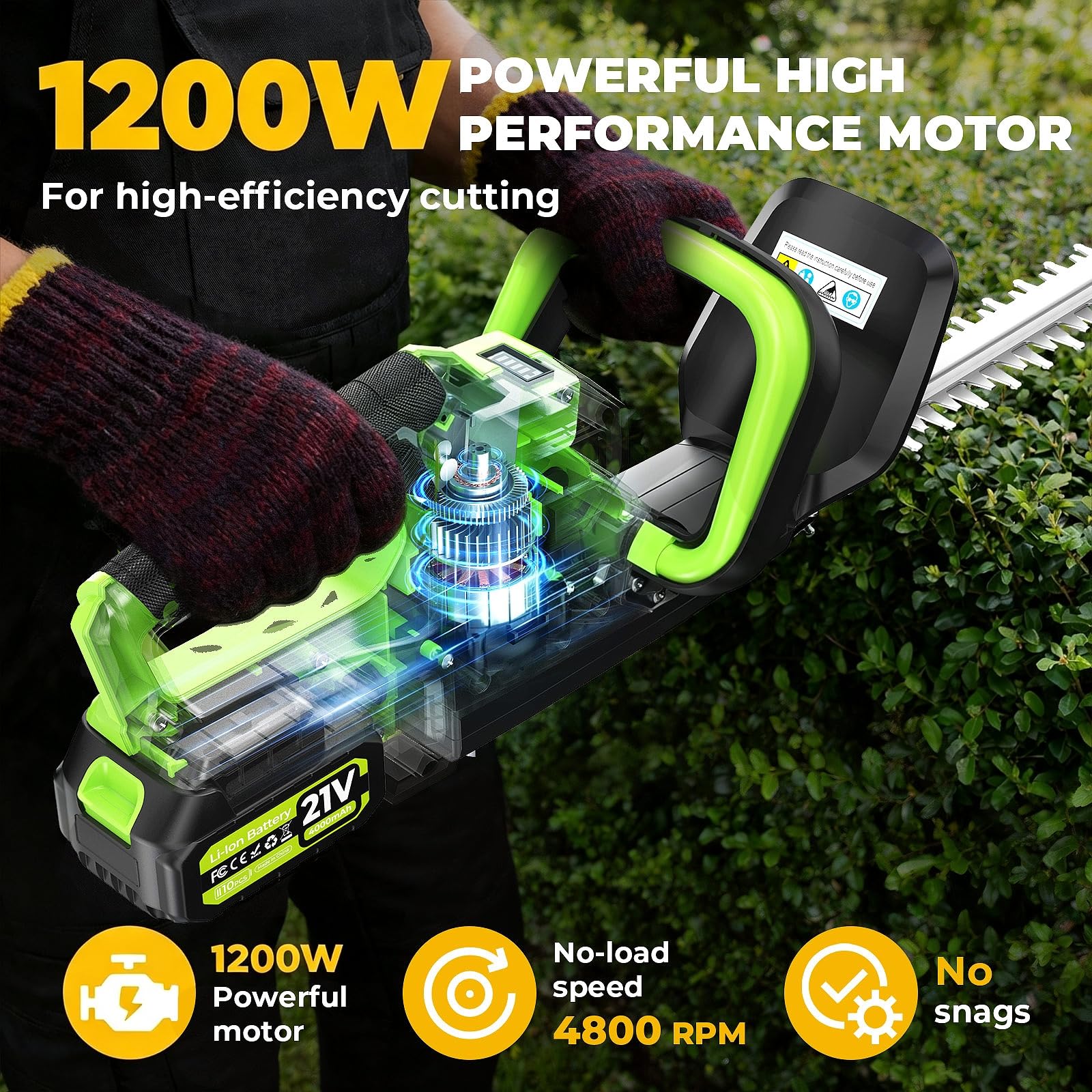 Taille Haie Batterie 21 V, 1200W Moteur, 2 x 4000 mAh Batteries, Lame 50 cm, Écartement de 16 Mm, Double Action, Taille Haies sans Fil avec Lame en Acier 70MN4&Protège pour Le Jardin et Les Arbustes