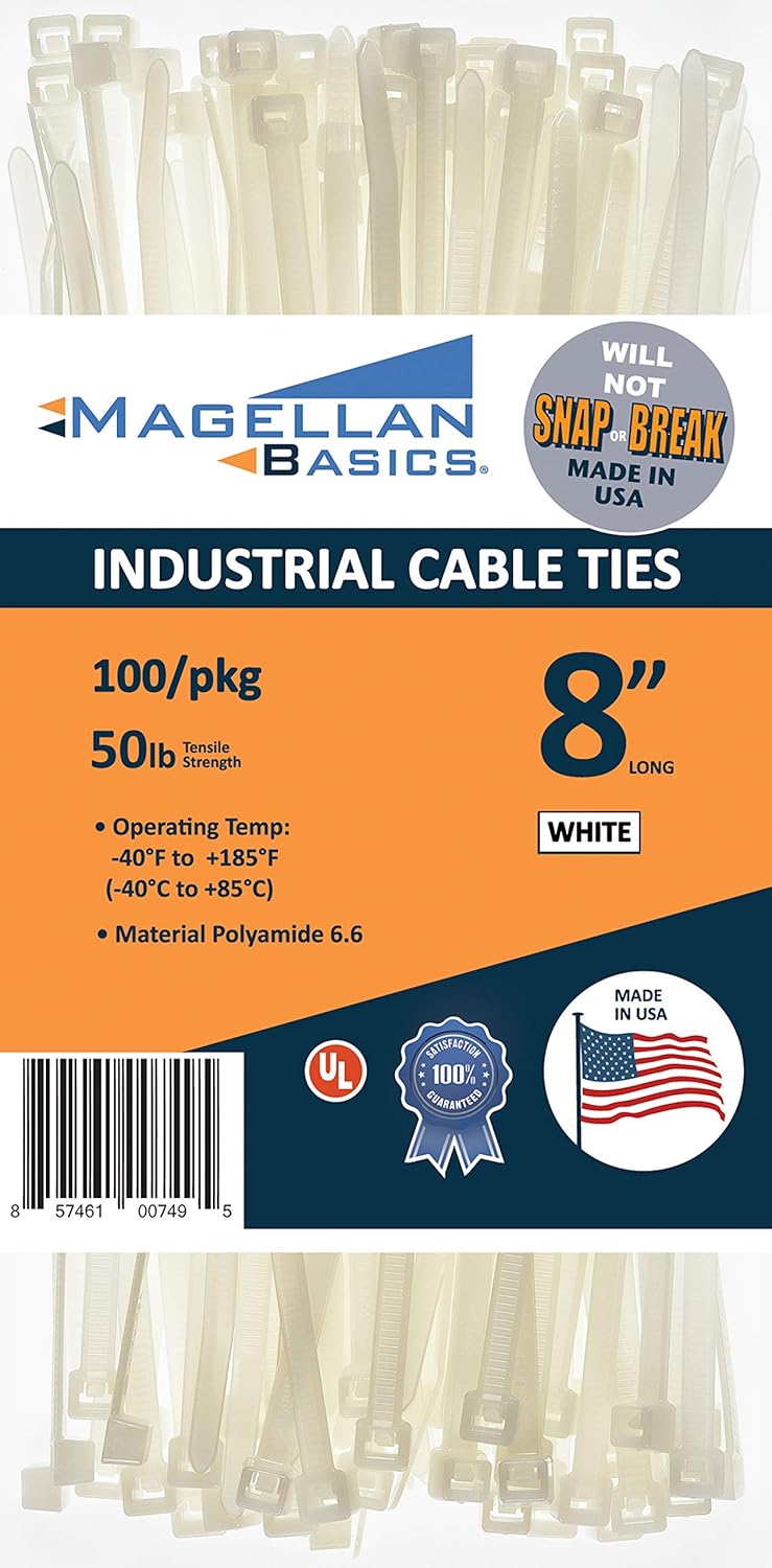 100 Pack Cable Zip Ties Heavy Duty"Made in the USA" 8 inch, White (Made in the USA will not Break or Snap)