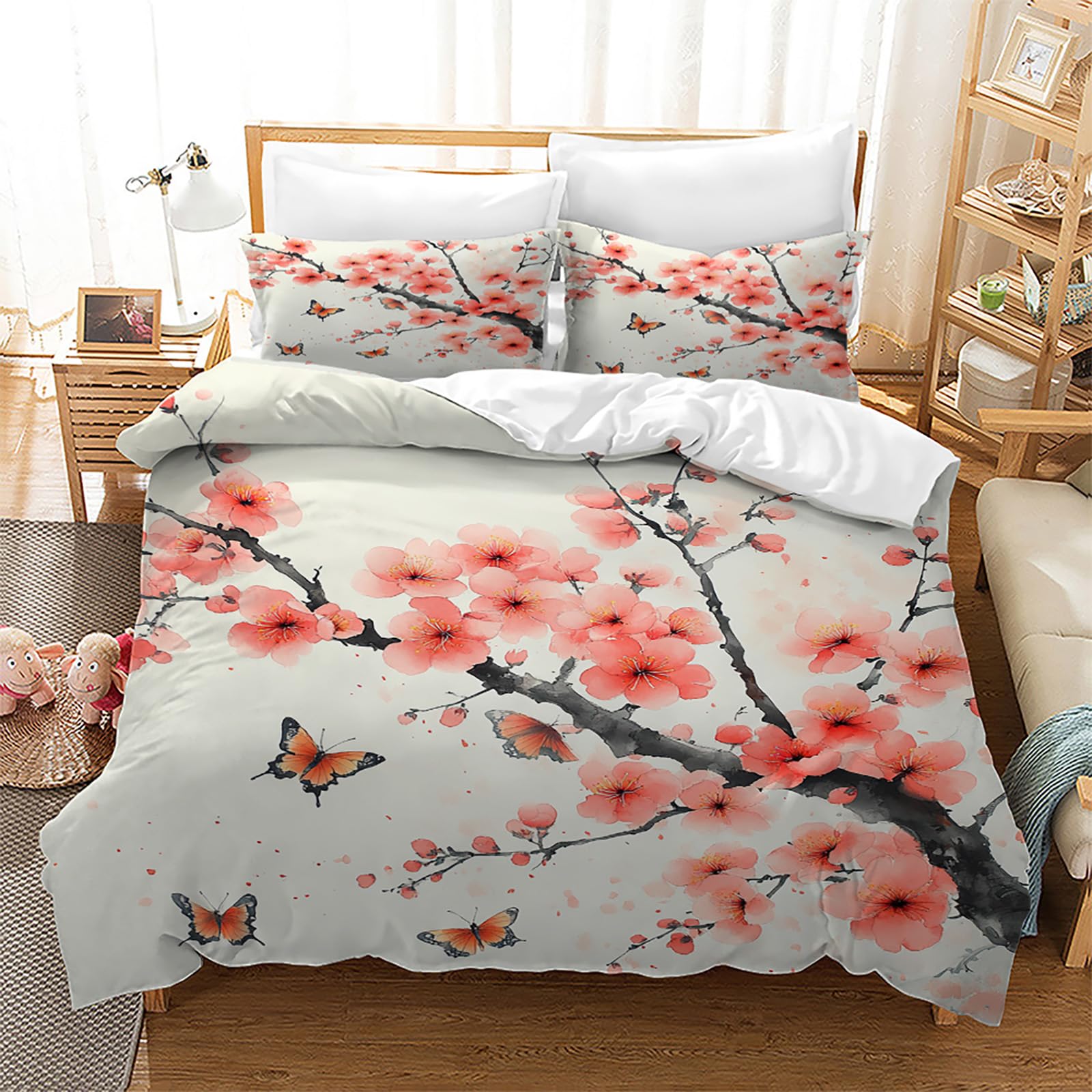 TKCQX Single Duvet Cover Set Cherry Blossom Butterfly Beige Bedding for Kids Boy Girl Aldult Pink Floral Quilt Cover Made of Microfiber with Pillowcase 50x75 cm