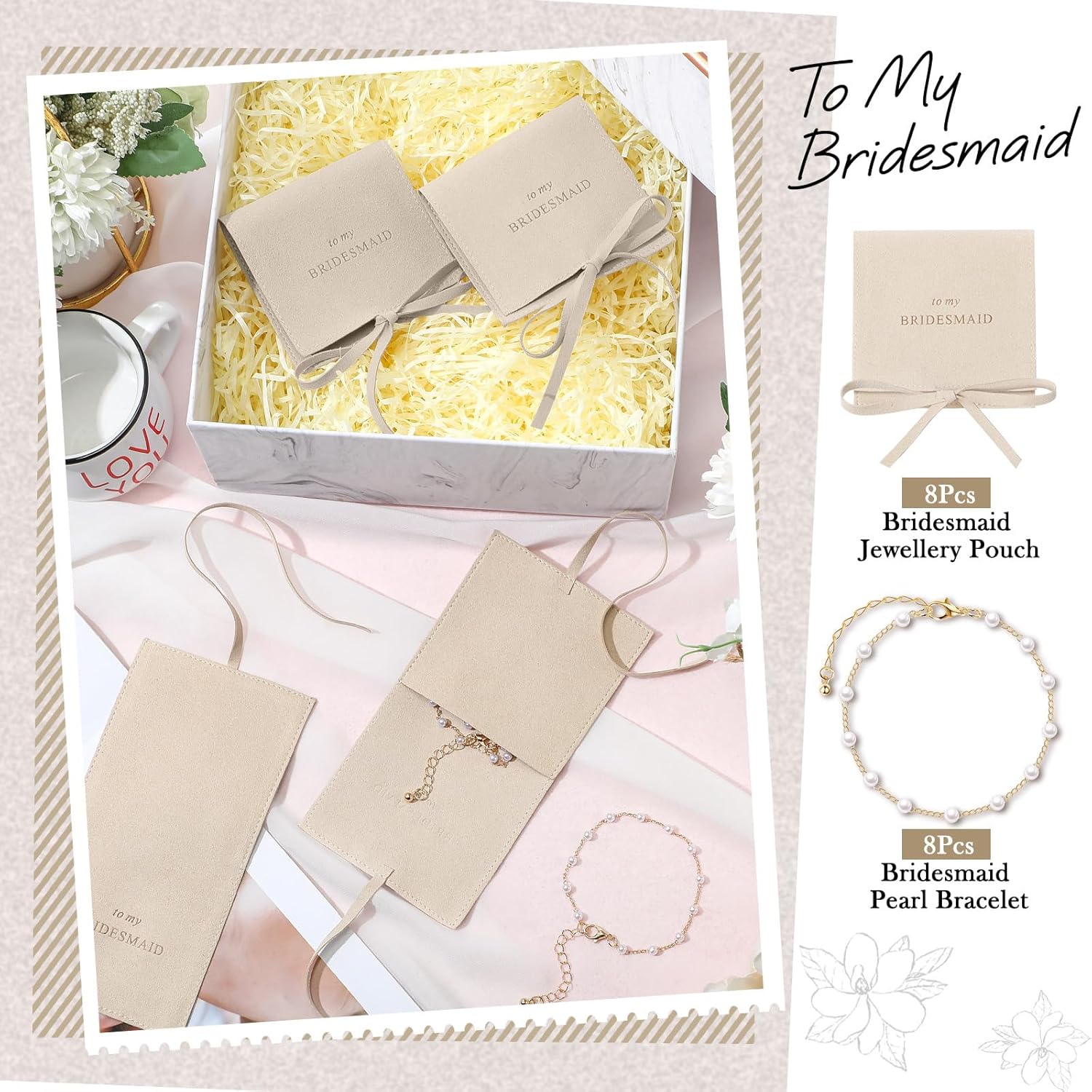 Quelay 16 Pcs Jewelry Bridesmaid Gift Pearl Bracelet Microfiber Jewelry Bag Pouch Set of 8 for Wedding Bridal Party Favor - Image 4