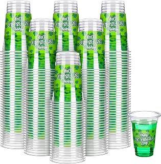Yinder 16 oz St Patrick's Day Shamrock Cups Bulk Disposable Clear Green Plastic Drinking Cups for Beverage Ice Cream Beer Snack Irish St Patty's Day Party Decoration Four Leaf Clover Supply(200 Pcs)
