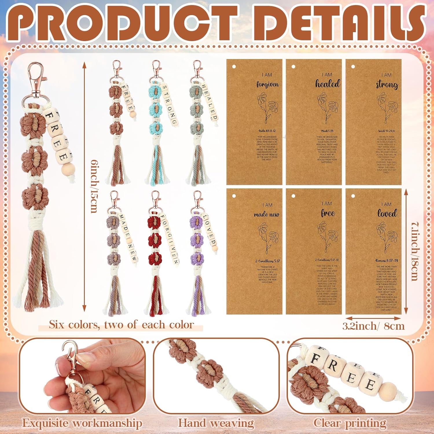 Gerrii 12 Set Back to School Keychains Bulk Christian Gifts for Women Christian Faith Bookmarks with Inspirational Bible Verses Macrame Tassel Keychain Classroom Prize Bible Verse Gift (Bright)