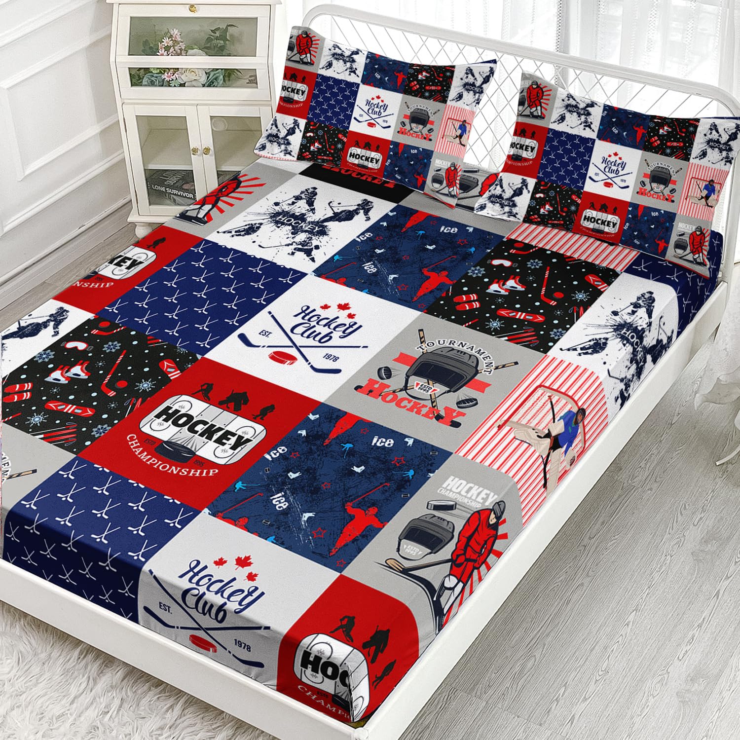 AILONEN Hockey Sport Fitted Sheet Set, Ice Hockey Bedding Set for Teen Child Livingroom Decors Twin XL Size,Hockey Fan Theme Bed Sheet Set,1 Fitted Sheet 2 Pillowcases,3 PCS