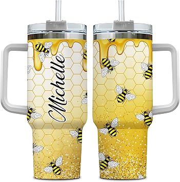 Hyturtle Personalized Gifts For Bee Lover Tumbler 40oz with Handle and Straw - Stainless Steel Travel Coffee Cup With Lid - Cute Animal Lover Gifts For Women, Girl, Daughter On Birthday Christmas