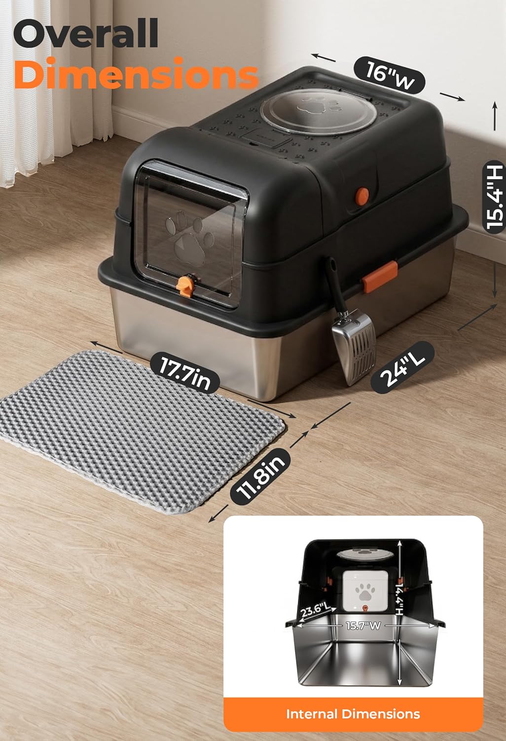 24″Lx16″Wx15″H Non-Stick Stainless Steel Litter Box with Lid, No-Mess Odor Control Anti-Leak Cat Litter Box, 3-in-1 Fully Enclosed High-Sided Litterbox with Flip Top (Black)