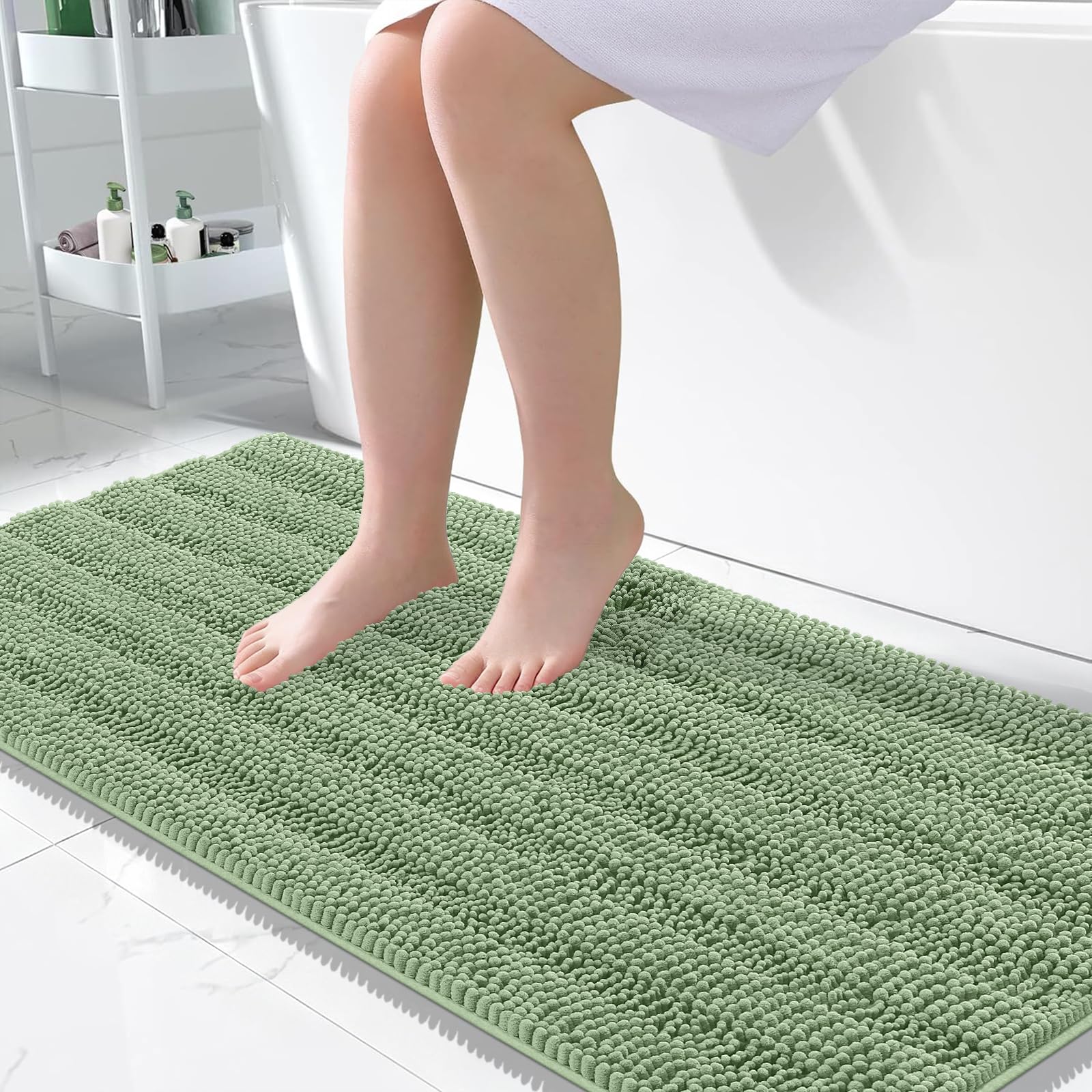 OLANLY Thick Large Bathroom Rugs 50x30, Chenille Bath Rugs, Sage Green