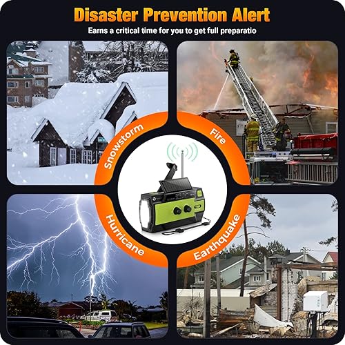 Miniatura 3 de Radio de emergencia, radio meteorológica Puiuisoul 4000 mAh + 2000 mAh + 8000 mAh con manivela de mano y carga solar, linterna LED de 3 engranajes,