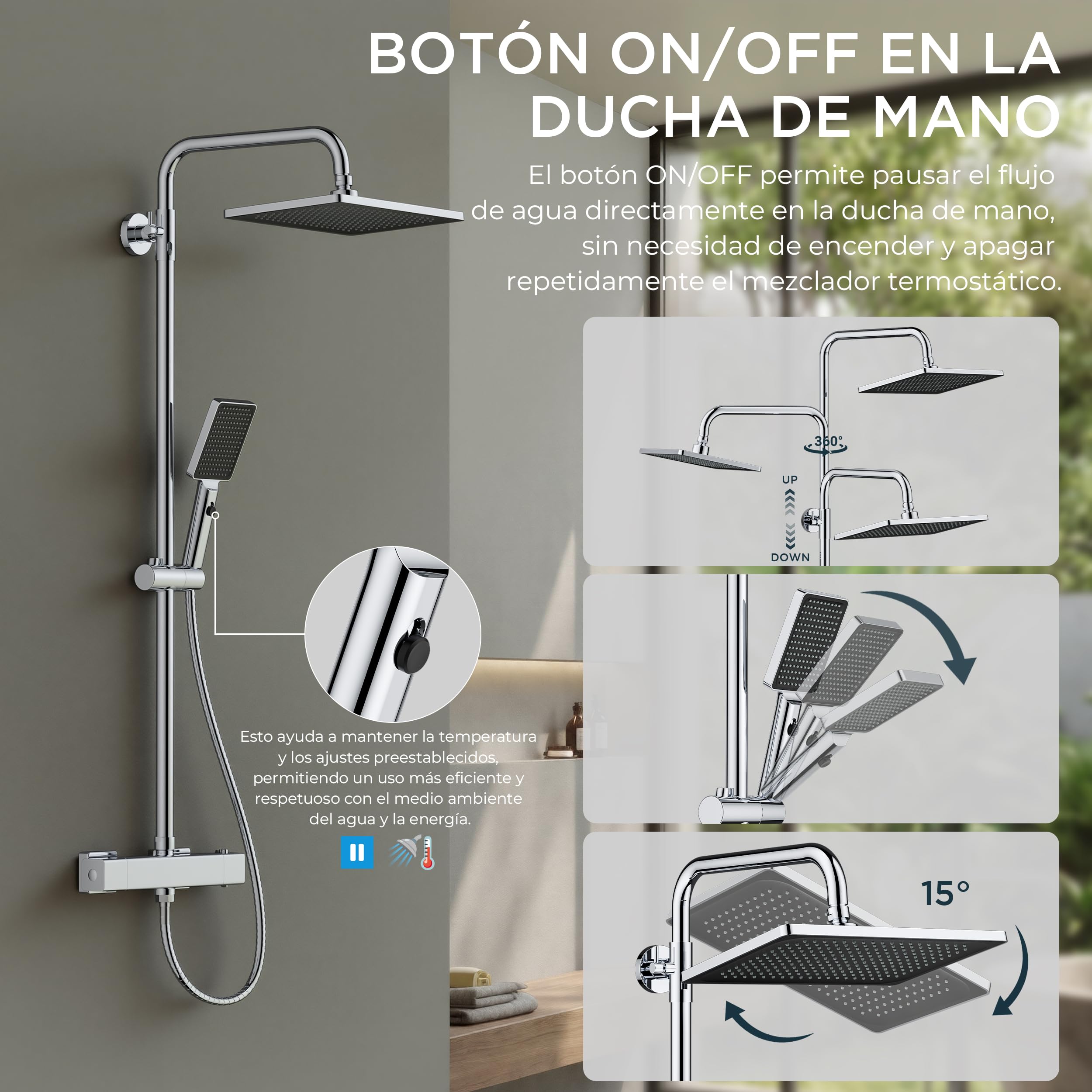 FORIOUS Columna De Ducha Termostática Con Rociador 30 × 20 Cm, Sistema De Ducha 3-En-1 Con Barra Ajustable Y Ducha De Mano Para Mayor Confort
