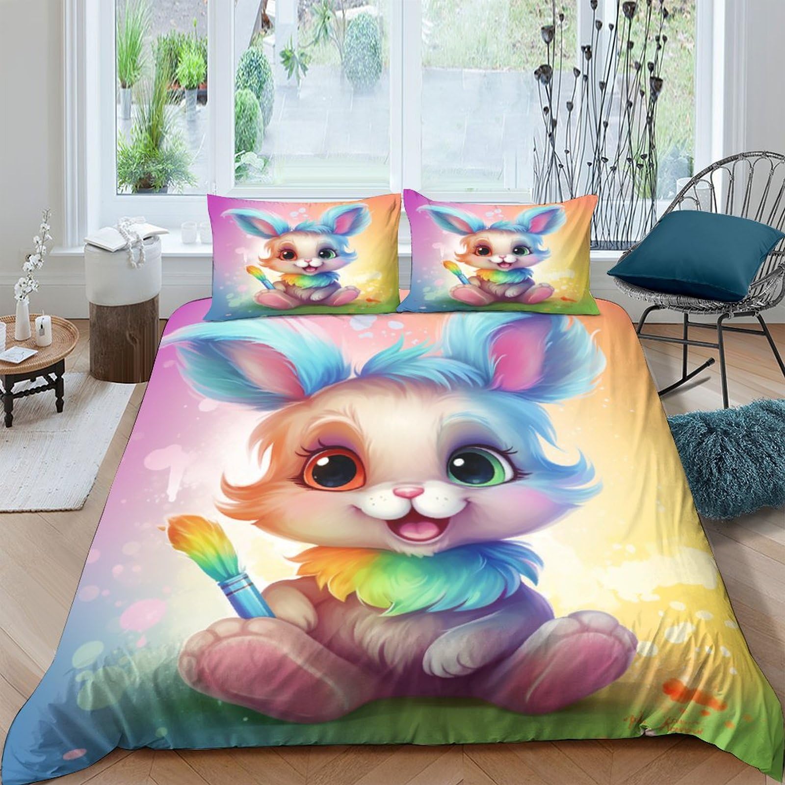 Housses de couettes lapin 3D 200x200cm en microfibre avec 2 taies