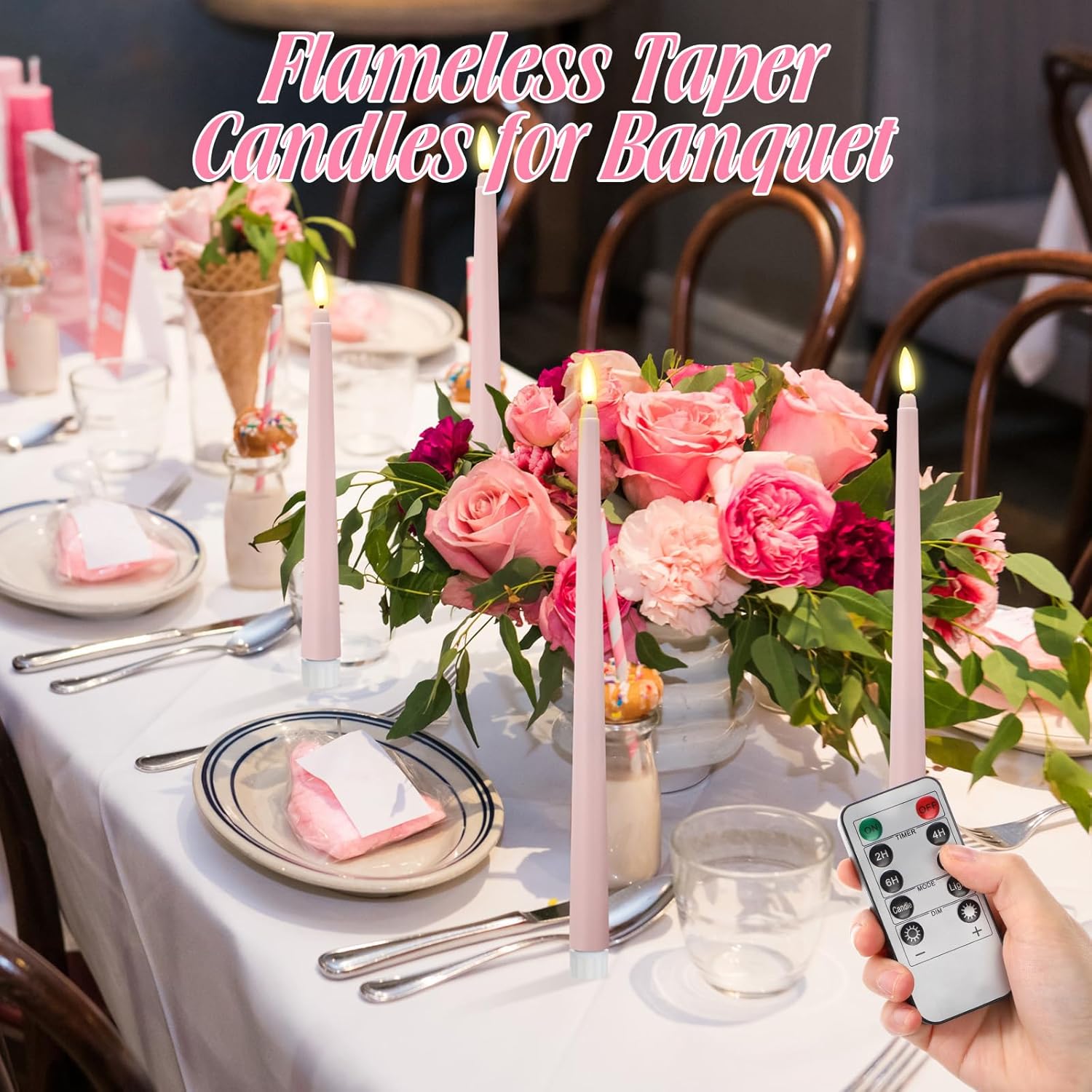 16 Pcs Pink Flameless Taper Candles Battery Operated Candles with Remote Timer 8.5" 9.6" 10.8" 12.8" Multiple Sizes LED Flickering Candlestick for Wedding Valentine's Day Party Decor
