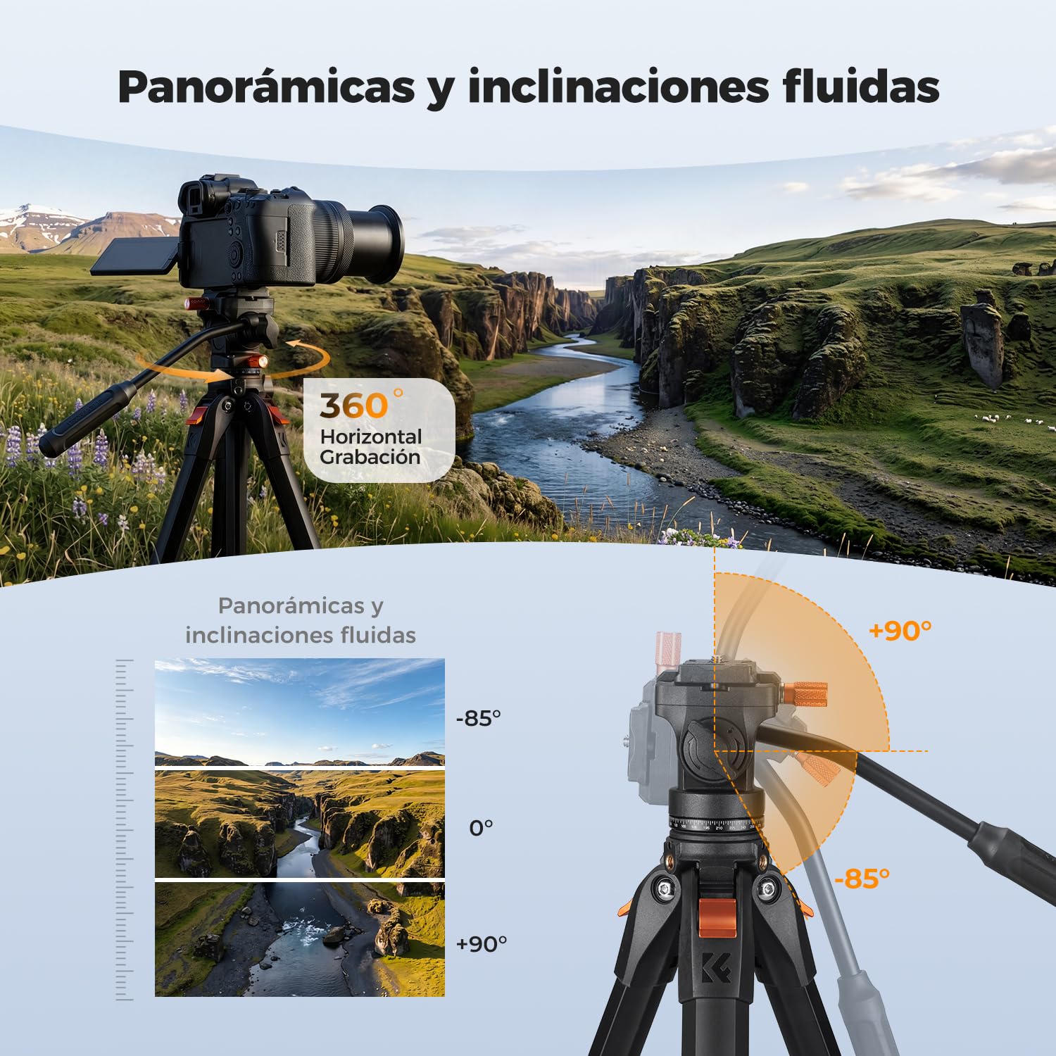 K&F Concept Trípode para Cámara 162cm | Cabezal Fluido, Trípode de Viaje de Aluminio para Vídeo, Movimiento Suave de Panorámica e Inclinación, Carga Máxima de 3kg