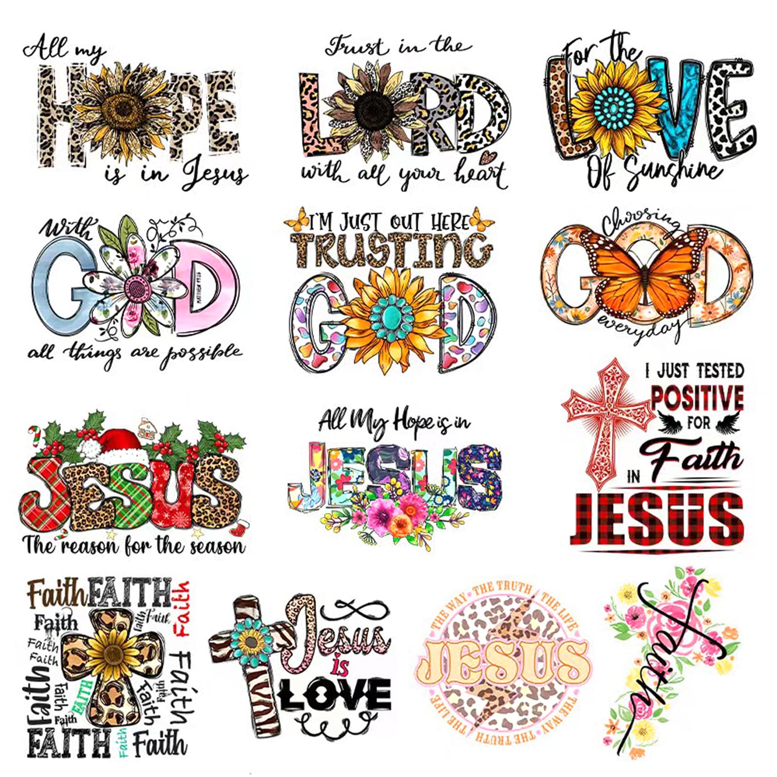 VISIAIP 13Pcs Jesus God Iron on Stickers Decals Leopard Blessing Words Heat Transfer Decals Washable DIY Applique for T-Shirts Jackets Cowboy Backpacks Clothes