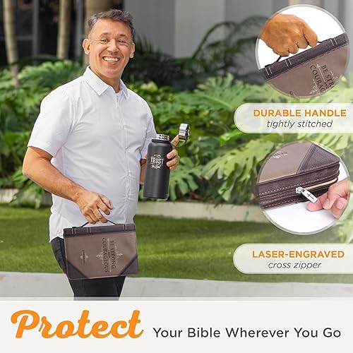 Miniatura 5 de Christian Art Gifts Funda clásica de la Biblia para hombre, Be Strong and Courageous, Joshua 19, piel sintética marrón, XL