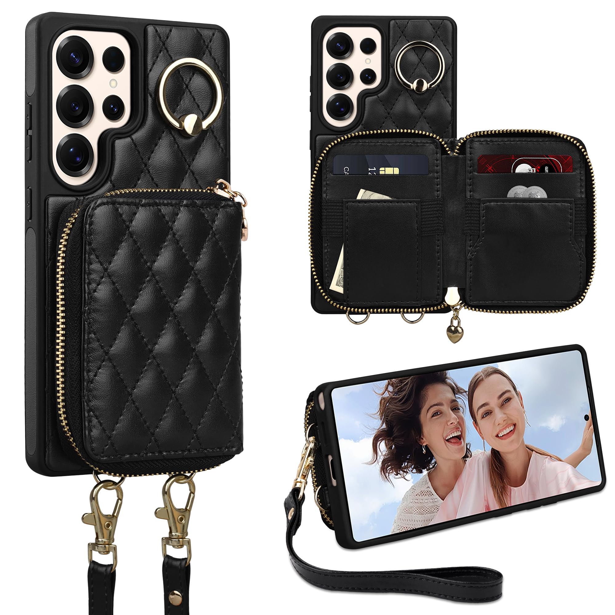 Photo 1 of Keallce Case for Samsung Galaxy S25 Ultra 6.9'' Wallet Case,Crossbody Zipper Galaxy S25 Ultra Purse Wrist Strap Lanyard Handbag,RFID Blocking Card Slots,Flip Leather Cover for Samsung S25 Ultra,Black