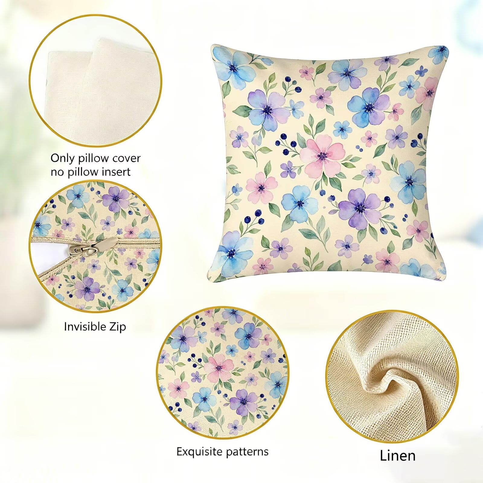 Viola Federe Cuscini Divano 60x60cm, Cuscini da Esterno Set de 4, Cod-104 | Lin Copricuscini Decorativi Letto Arredo, per Letto, Soggiorno, Giardino, Esterno, Casa Decorazione Set di 4 Piccolo Fiore