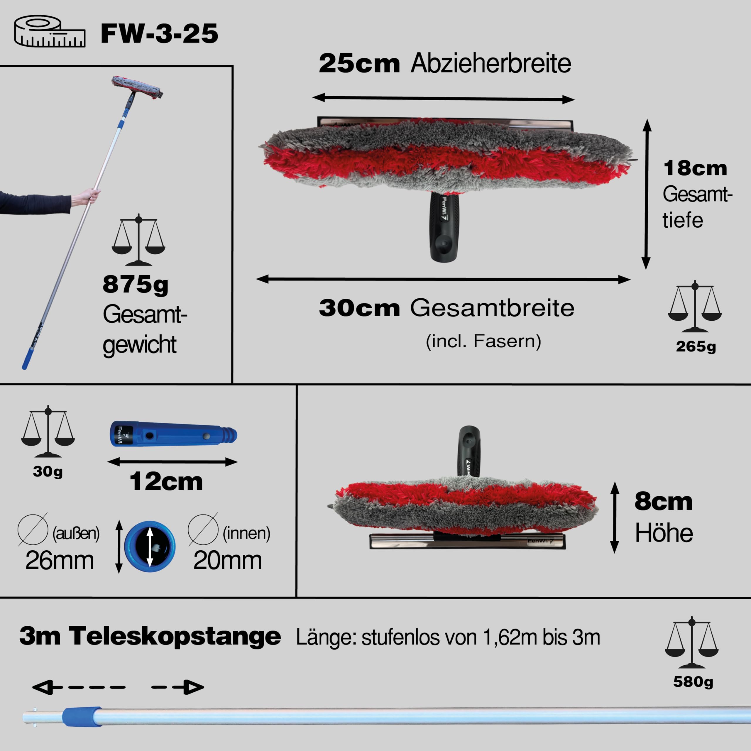 FenWi 3m Teleskop Fensterputzer Profi Set mit 25/30cm Kombi Einwascher/Abzieher, Gummilippe, Kombi Fensterwischer und 300cm Alu Teleskopstange für Wintergarten Fenster und Solaranlagen Reinigung