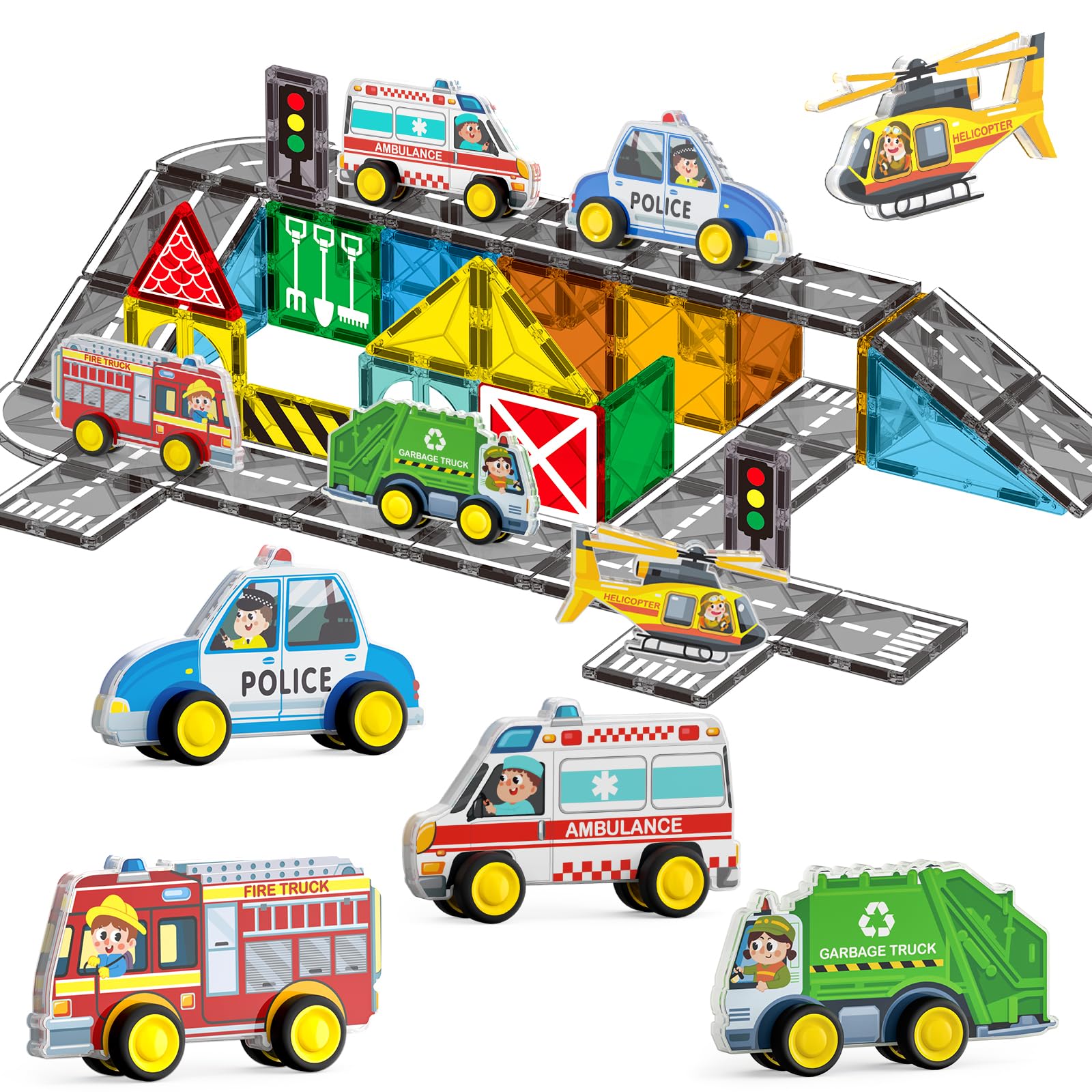 Oriate City Car Magnetic Tiles, Rolling City Vehicles with Magnetic Blocks Road Set