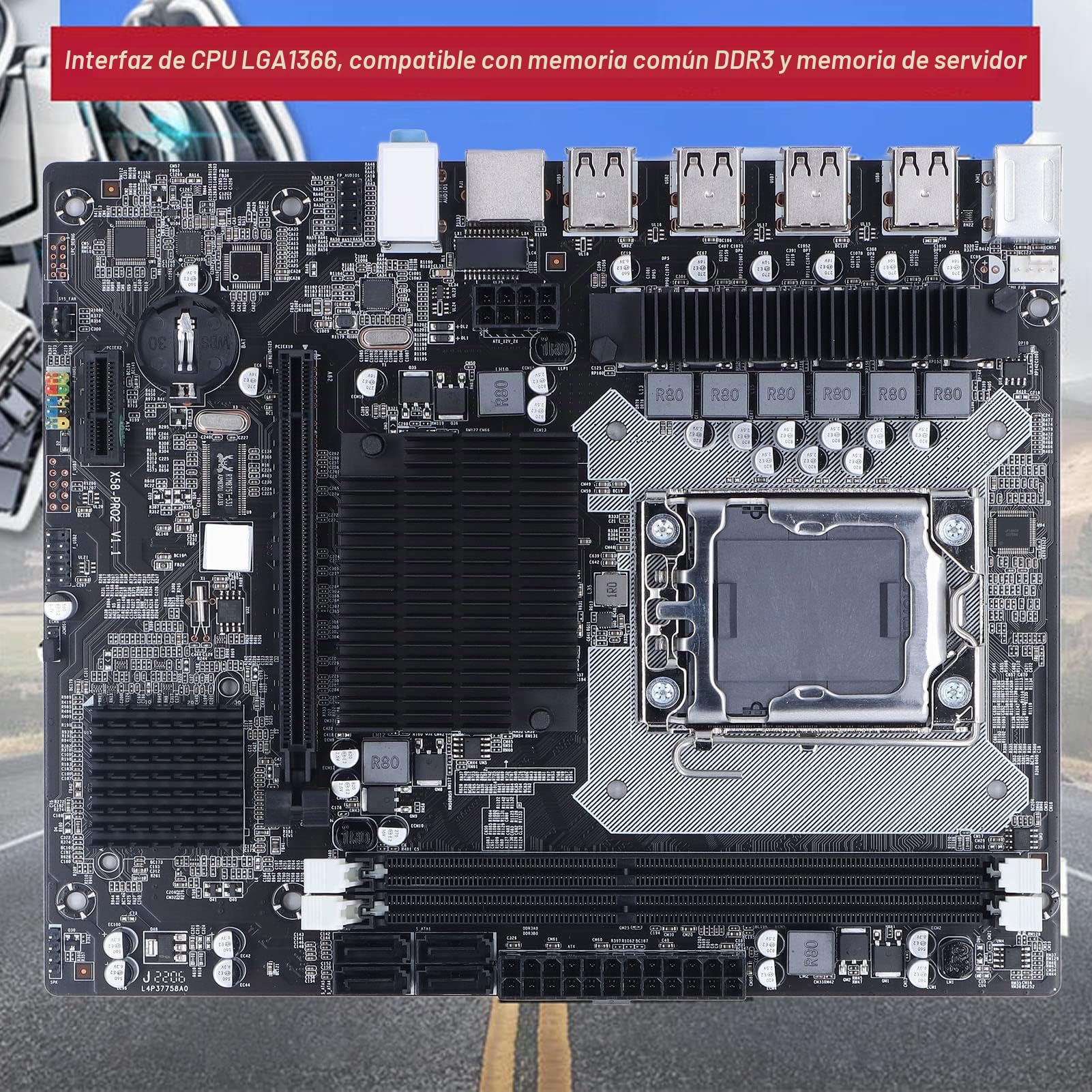 Placa Base X58, 2 Ranuras para CPU DDR3 DIMM LGa 1366 Placa Base para Juegos, Puerto USB 2.0 SATa Placa Base PCB Compatible con Memoria ECC, una Toma de Corriente de 8 Pines, un Conector de Alimentaci