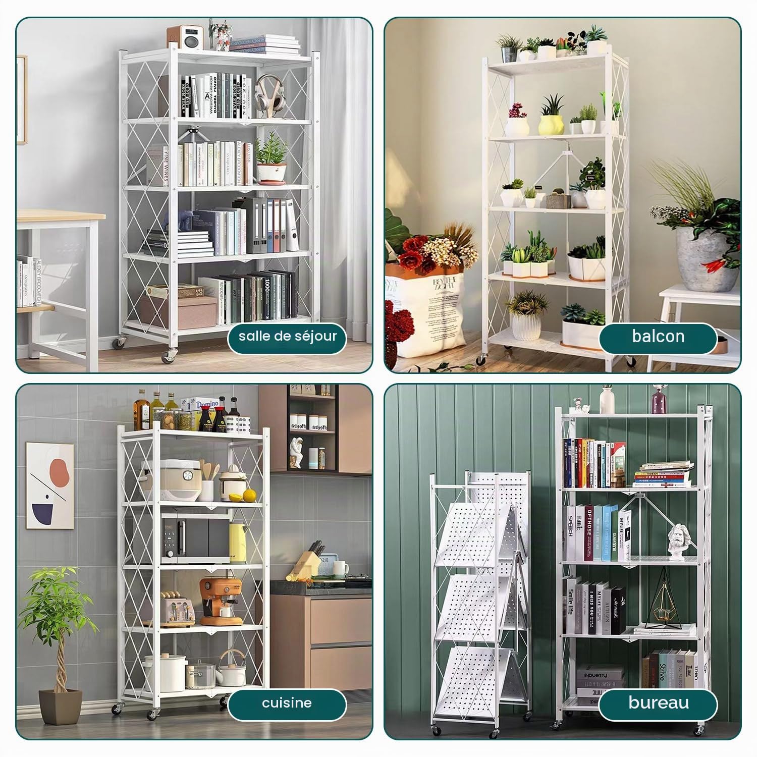 Lot de 2 étagères de rangement pliables à 5 étages en métal avec roulettes - 100 kg - Pour cuisine, salle de bain, salon - Blanc