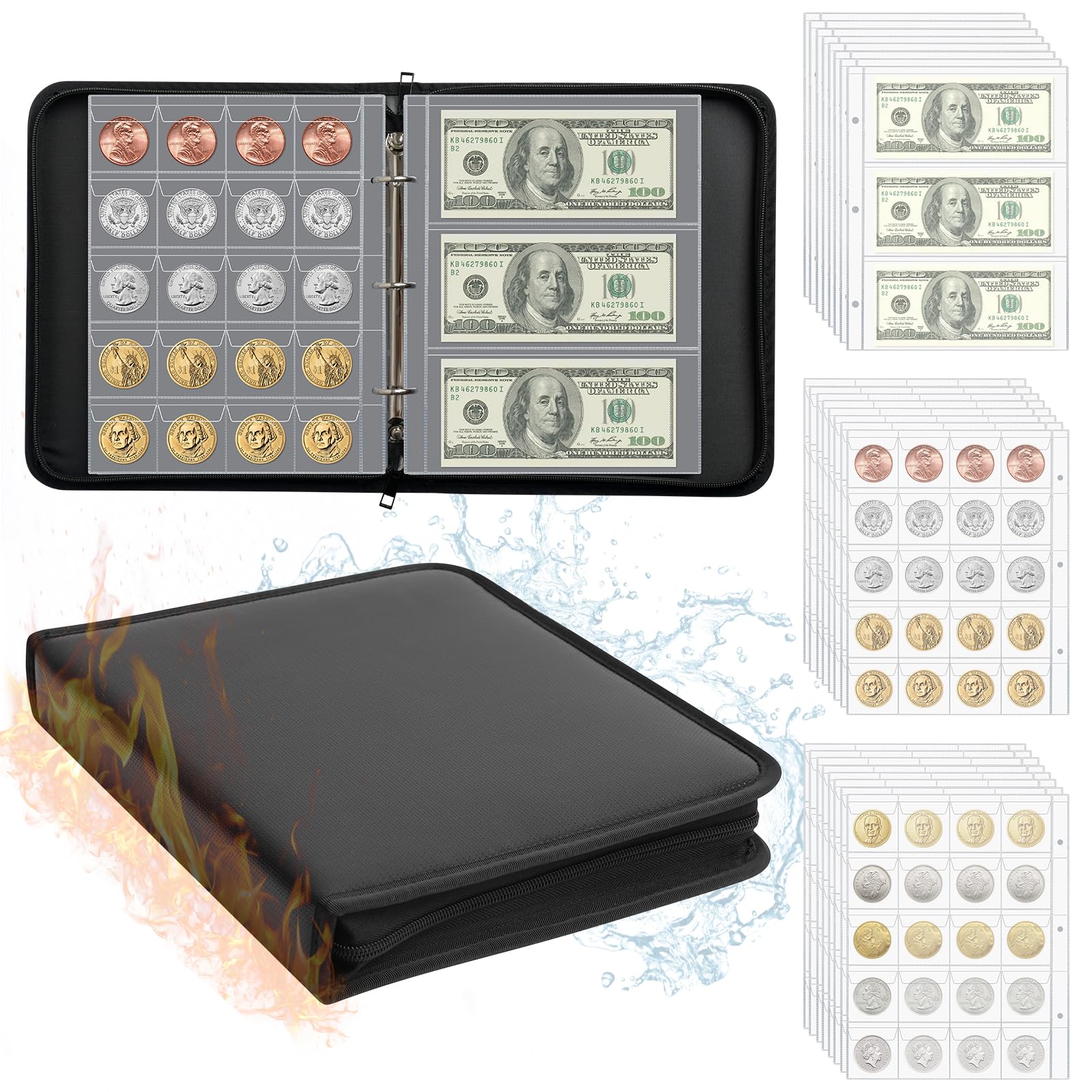 Soporte para colección de libros de monedas para coleccionistas – Álbum de colección de monedas ignífugo con 520 bolsillos y 36 fundas para almacenamiento de dinero para suministros de