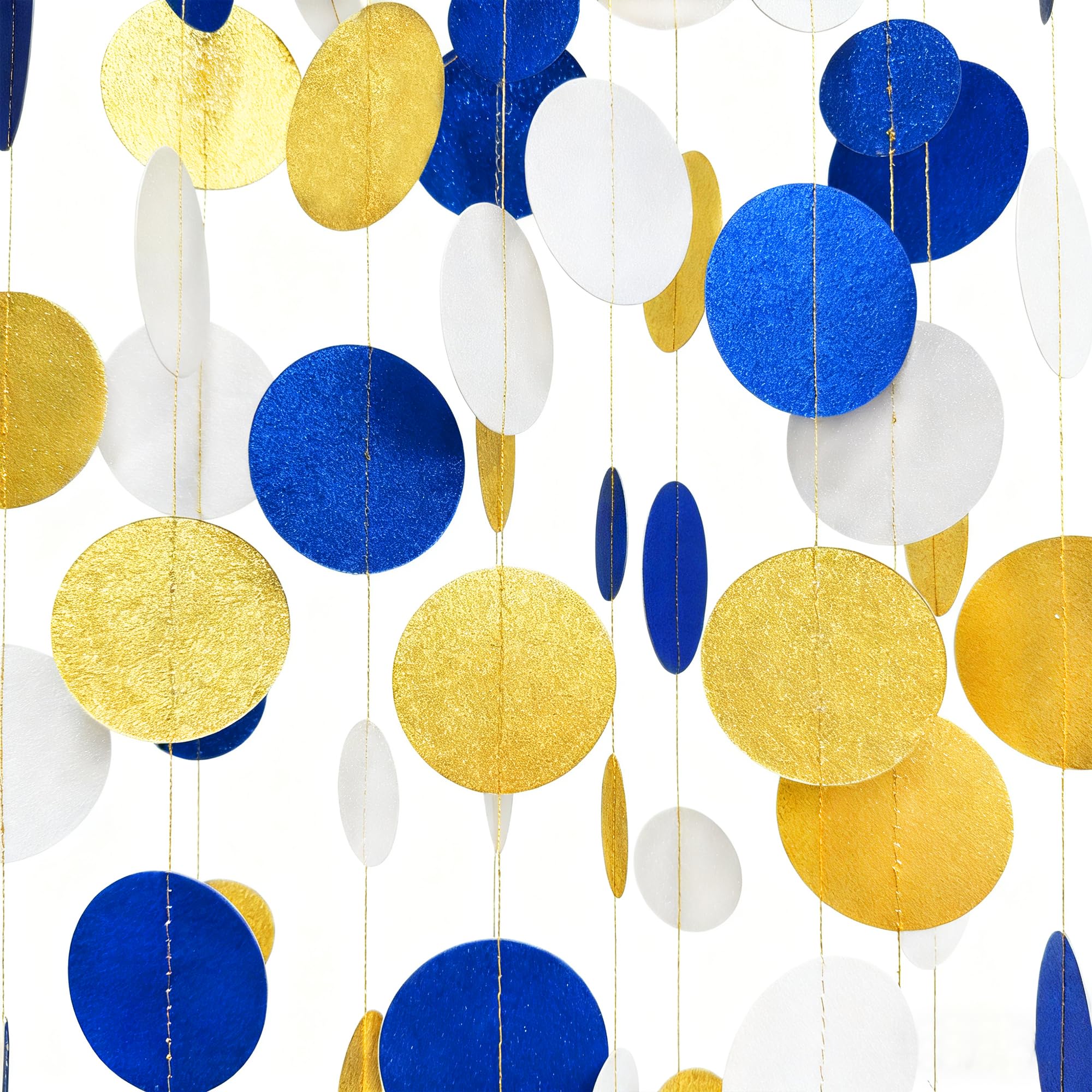 46Ft Glitter Royal Blue Gold White Circle Dots Garland Party Decorations Hanging Paper Polka Dots Streamer for Men Boys Nautical Graduation Birthday Wedding Baby Shower Retirement Anniversary Party