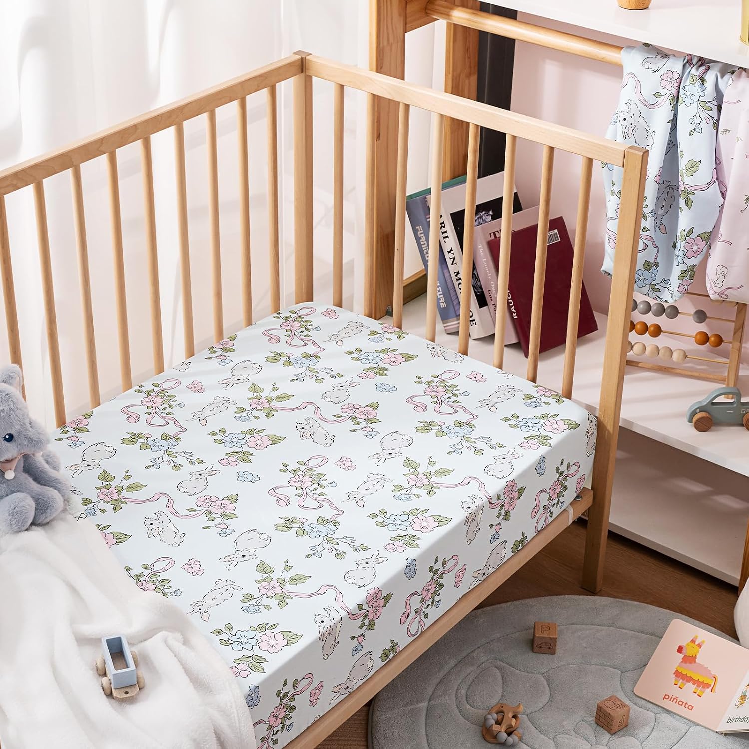 PHF Soft Crib Sheet Fitted, 2 Pack Baby Sheets for Girls, 28x52x9 in Fits Standard Crib and Toddler Mattresses, Silky Comfy Breathable Polyester Baby Mattress Sheets, Rabbit & Floral