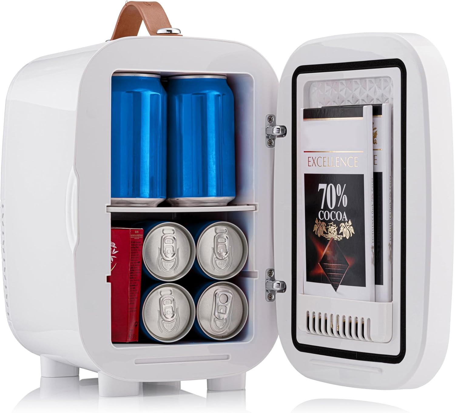 Open Subcold PRO6 Mini Fridge showing cans and chocolate inside