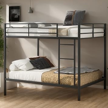 DlandHome Full Over Full Metal Bunk Bed with Ladder, Low Profile Twin Bunk Bed Frame for Kids/Adults, Sturdy Steel Bed with Guardrails, Space Saving Bedroom Furniture,Black