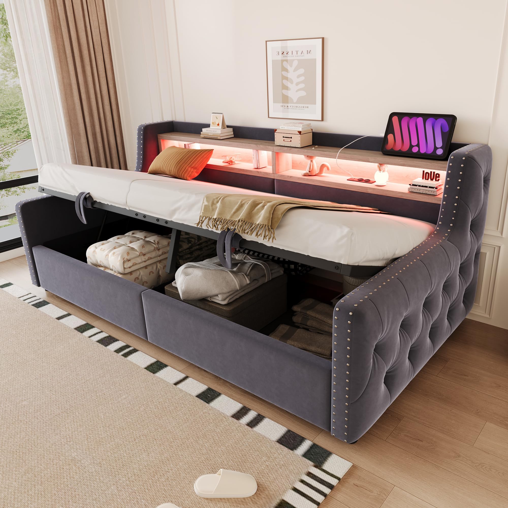 Schlafsofa Kinderbett 90x200 mit LED Streifen und USB Anschluss | Polsterbett Einzelbett mit Hydraulisch Stauraum, Stauraumbett Bett Bettgestell mit Lattenrost, Ohne Matratze, Samt,Dunkelgrau