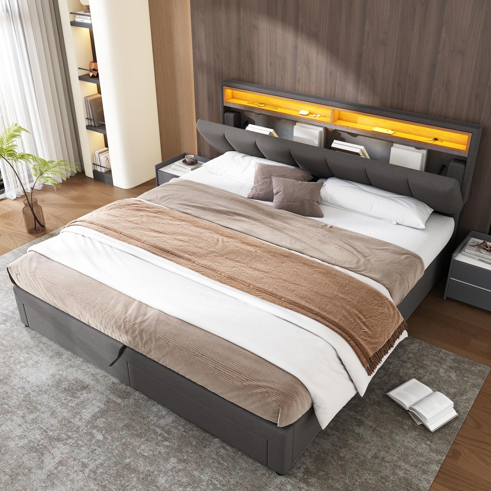 Letto con stoccaggio idraulico 160x200,Letto matrimoniale rivestito con LED,Letti imbottiti con 2 cassetti, letto funzionale giovanile,letti matrimoniali (grigio+lino-A)
