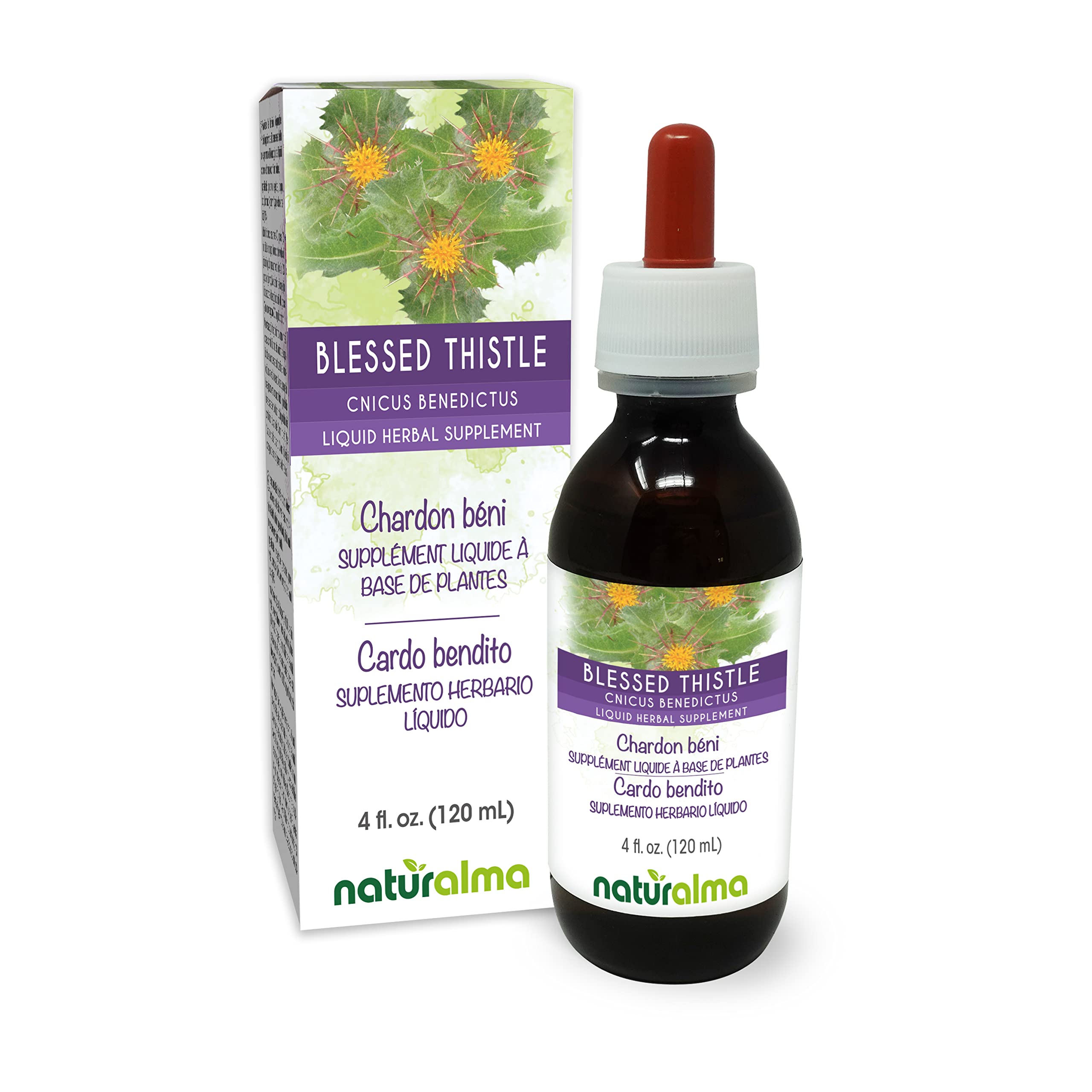 Naturalma Blessed Thistle or Holy Thistle (Cnicus benedictus) herb with Flowers Alcohol-Free Tincture - 4 fl oz Liquid Extract in Drops - Herbal Supplement - Vegan