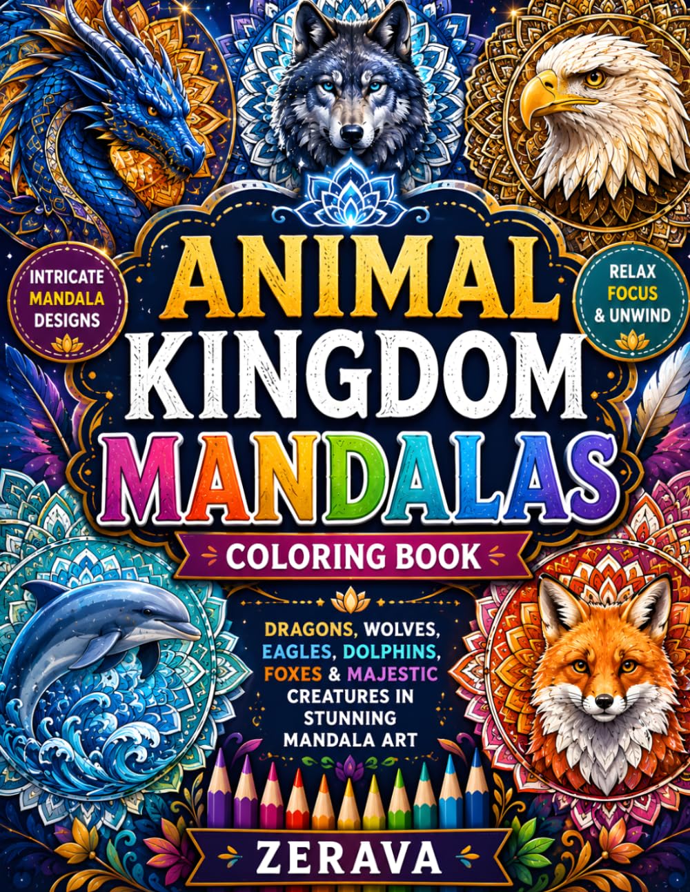 Animal Kingdom Mandalas Coloring Book: Dragons, Wolves, Eagles, Dolphins, Foxes & Majestic Creatures in Stunning Mandala Art