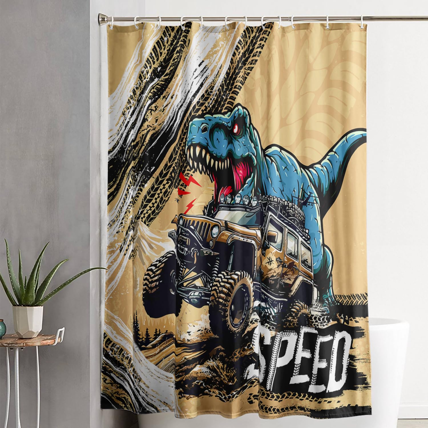 AILONEN Cartoon Monster Trucks Shower Curtain,Roaring Dinosaurs Shower Curtain Set for Kids Boys,Extreme Sports Trucks Shower Curtain for Bathroom with Hooks,60