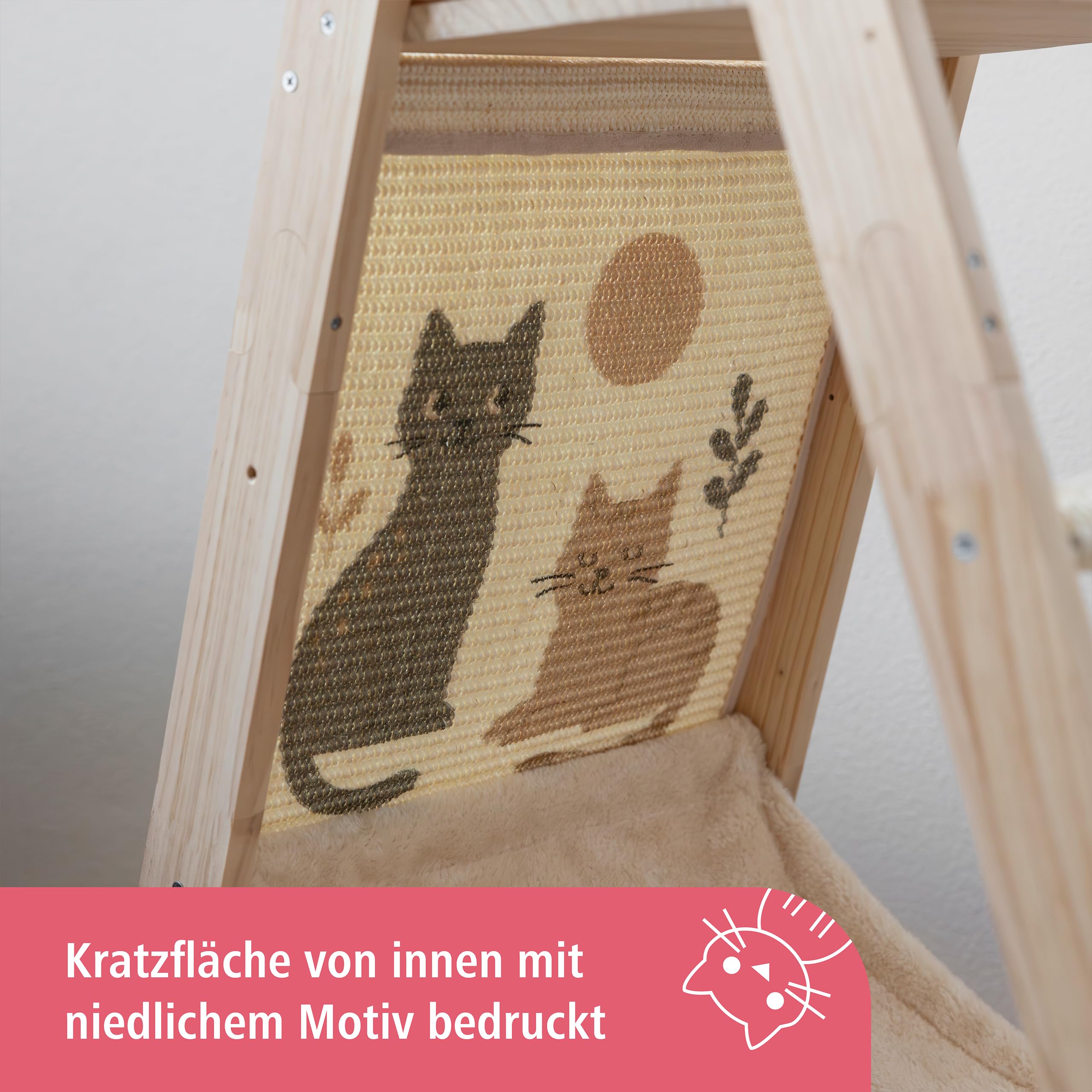 Kerbl Pet Torre da arrampicata Ladder, tiragraffi per gatti, legno massiccio, morbido peluche, beige, altezza 104 cm, due superfici di appoggio, con amaca, superficie in sisal