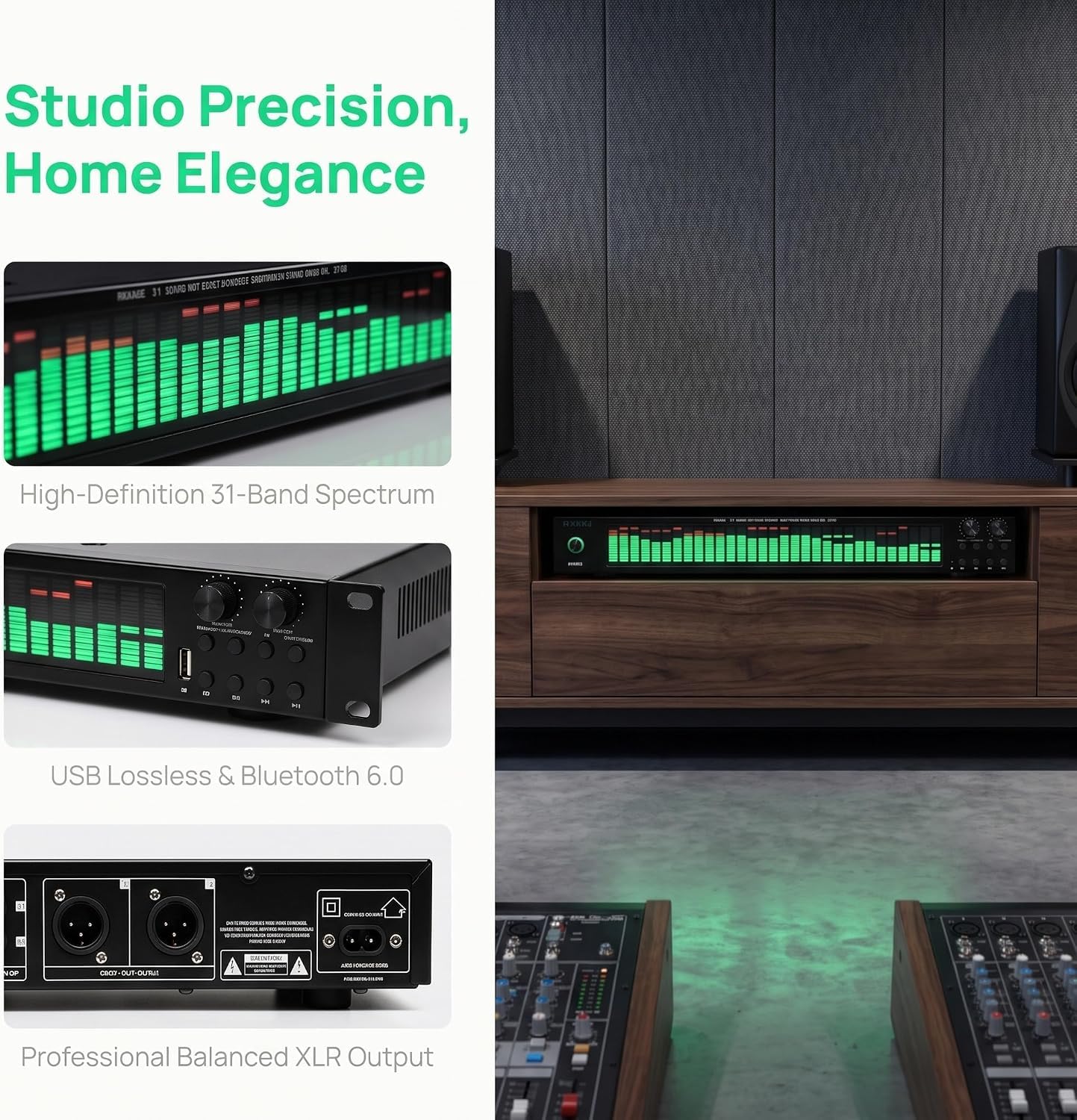 Analyseur De Spectre Audio, Égaliseur Audio Domestique 31 Bandes, avec 5 Effets Dégalisation Préréglés, 12 Modes Rythmiques, Lecture USB, Sorties XLR Et RCA, pour La Scène Et Le Studio
