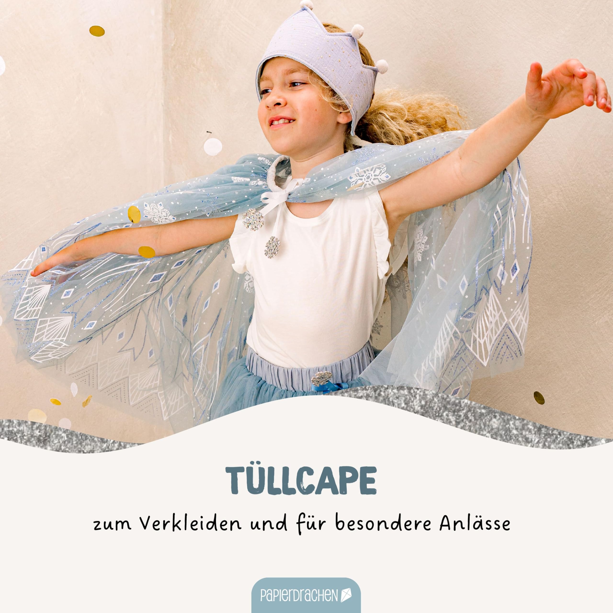 Papierdrachen Tulle Cape - Light Blue - with Ice Crystals - Glittering - Fancy Dress - Cape - Children's Costume - One Size - Set 03 - Image 2