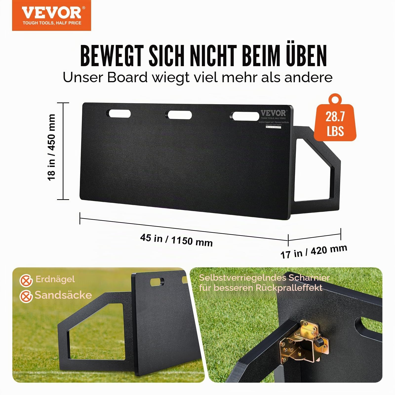 VEVOR Fußball Rebound Board, Tragbares Prellwand Brett 1150 x 450 mm, HDPE Rebounder Wand-Rebound-Ausrüstung, Kinder & Jugendliche, Trainingsbrett Rebounder Kicker für Fußballtraining Schwarz