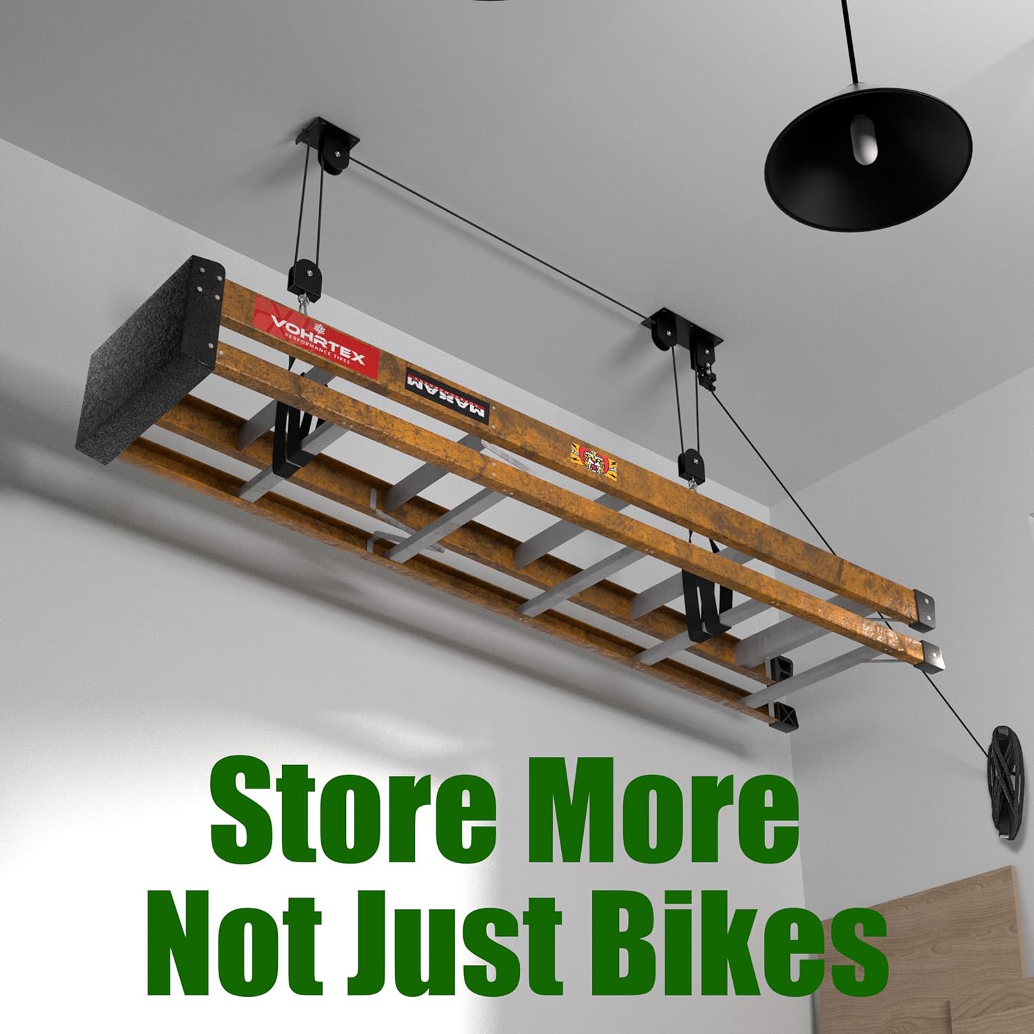 Bike Hoist, Ceiling Mount Bike Hanger Holds 100 lbs, Ebike Lift Garage Overhead Storage for Bike, Ladder, Snowdoard
