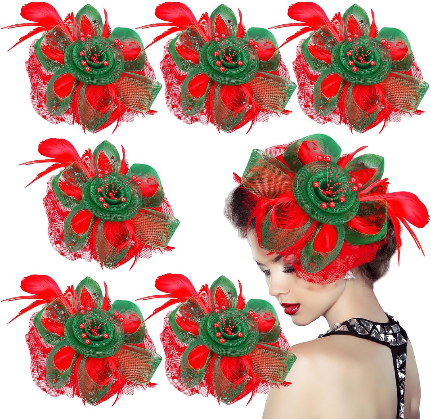 6 Pack Christmas Tea Party Fascinators Hat for Women Party Red Green Headband Flower Feather Mesh Cocktail Hair Clip for Xmas Weddings Halloween Church