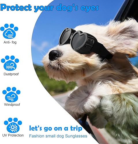Miniatura 5 de Gafas de sol para perros de raza pequeña, protección UV con correa ajustable, gafas en forma de corazón para impermeables, resistentes al viento,