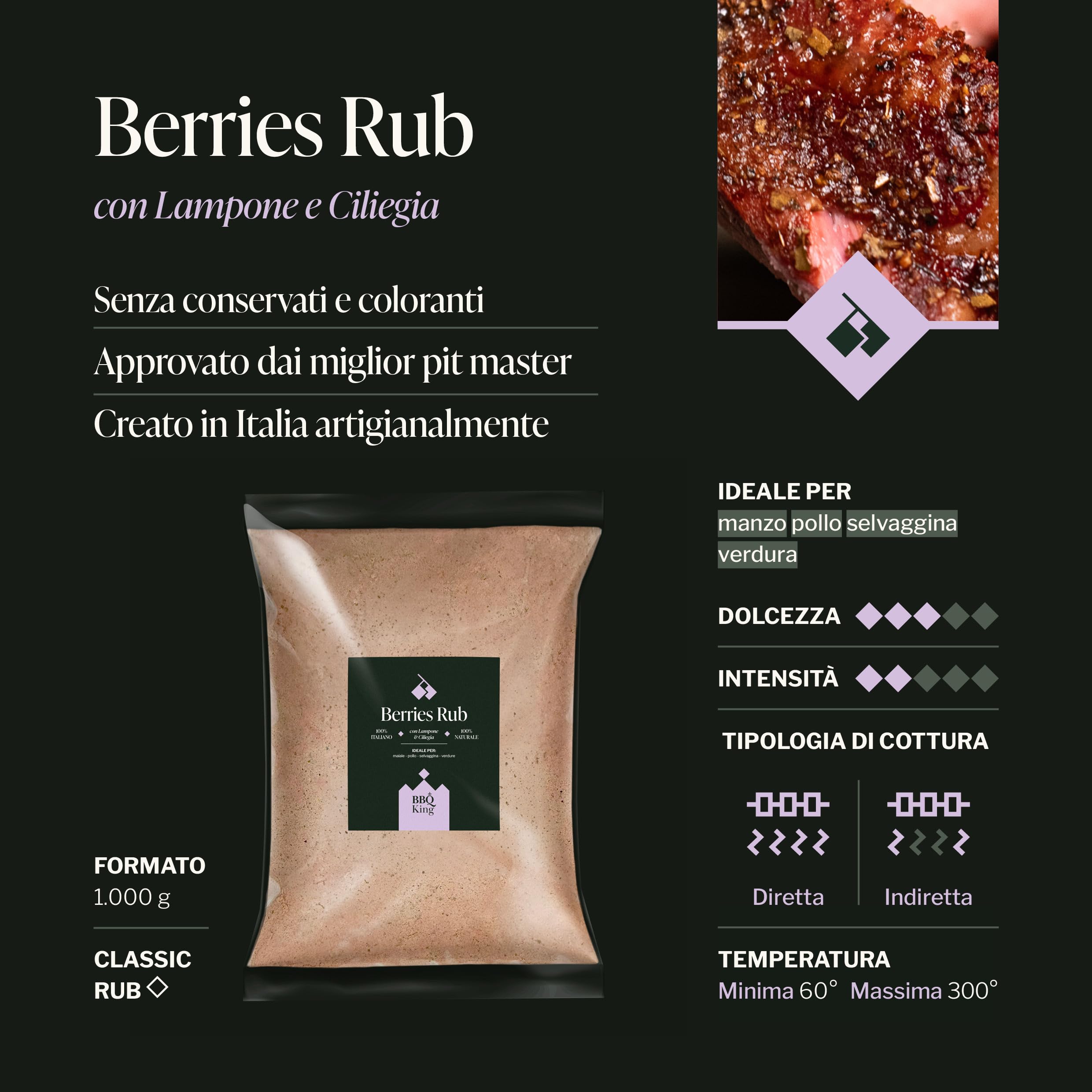 BBQ KING - Berries Rub Confezione da 1Kg, Dry Rub Bbq per Manzo Ideale per Barbecue e Grill, Set Spezie Cucina 100% Made in Italy, Miscela di Spezie per Maiale, Pollo, Selvaggina e Verdure