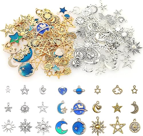 BetterJonny 130 dijes de joyería, dije de estrella luna y sol para hacer joyas, oro plateado y azul, Metal, No es una piedra preciosa