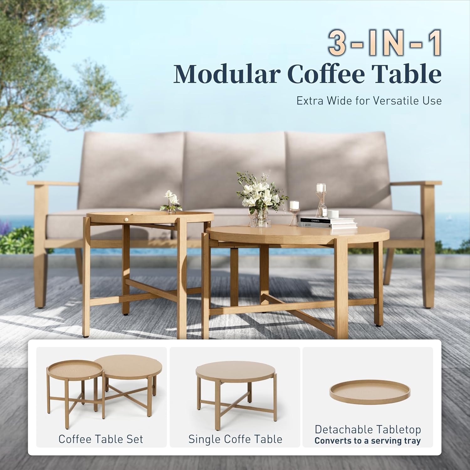 Patio Conversation Set,7 Pcs Metal Outdoor Furniture with 3-Seater Sofa,2 Swivel Chairs,2 Single Chairs,Metal Nested Table and 5.75" Extra Thick Cushion for Lawn Garden Backyard,Beige