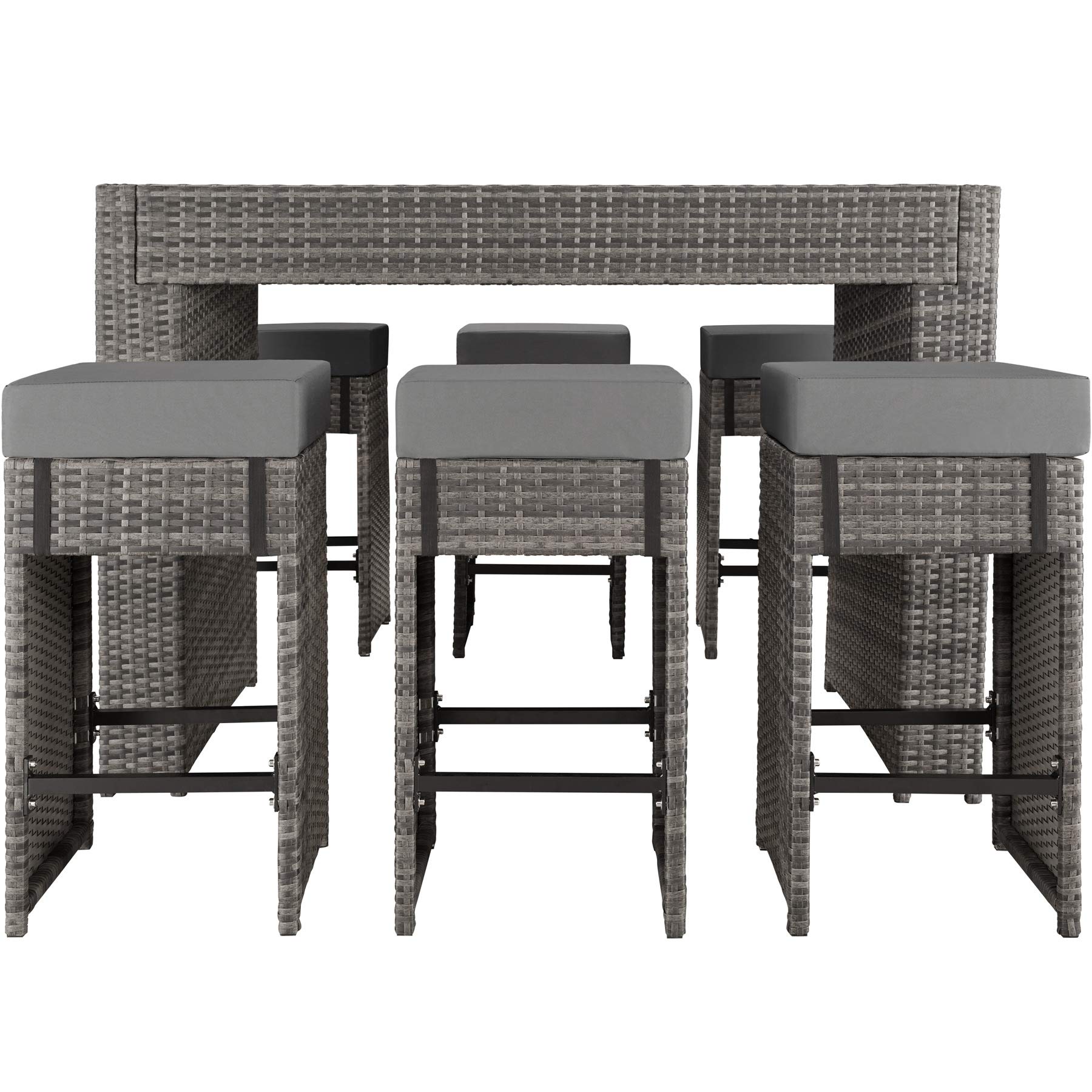 tectake® Set Tavolo e Sgabelli da Bar in Polyrattan Ibiza, Set da Bar 7 Pezzi, 1 Tavolo con Lastra in Vetro, 6 Sgabelli, Comodi Cuscini, Involucro Protettivo Incluso - Grigio
